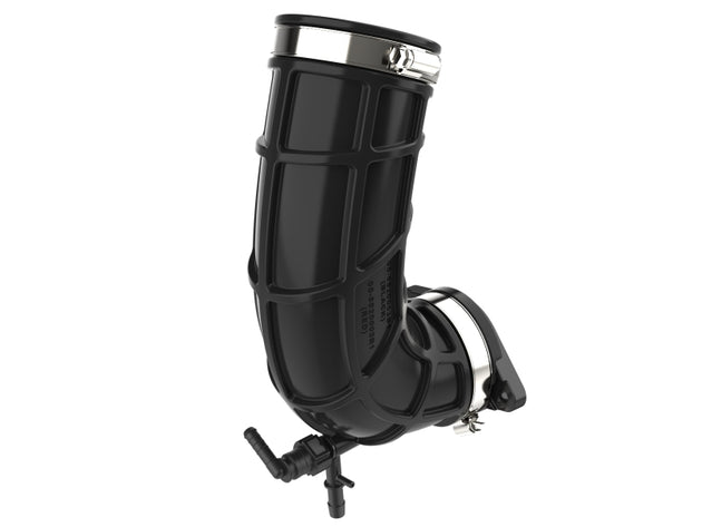aFe turbo inlet pipes for enhanced airflow, shown in black metal with smooth bends and secure clamps on a plain background.