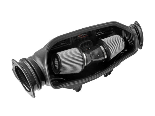 aFe 2020 Corvette C8 Track Series carbon fiber cold air intake system with Pro DRY S filters installed in engine bay