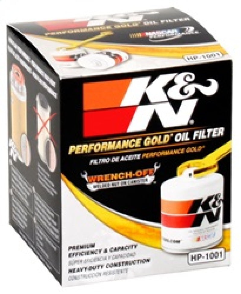 K&N Performance Gold Oil Filter for Chevy, Pontiac, GMC, and Buick vehicles, featuring durable construction and high filtration efficiency.
