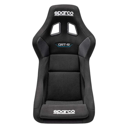 Black Sparco QRT-R 2019 race seat with side mount brackets, designed for racing cars, featuring ergonomic design and high side support.