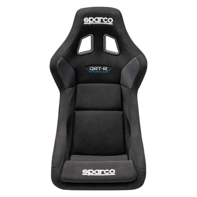 Black Sparco QRT-R 2019 race seat with side mount brackets, designed for racing cars, featuring ergonomic design and high side support.