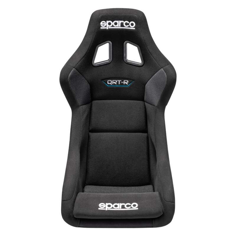 Black Sparco QRT-R 2019 race seat with side mount brackets, designed for racing cars, featuring ergonomic design and high side support.