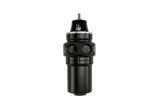 Turbosmart FPRF8 fuel pressure regulator and filter in black, designed for automotive fuel systems, shown in close-up.