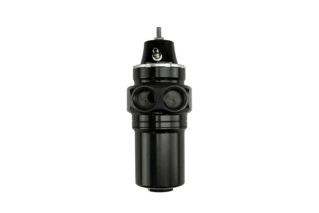 Turbosmart FPRF8 fuel pressure regulator and filter in black, designed for automotive fuel systems, shown in close-up.