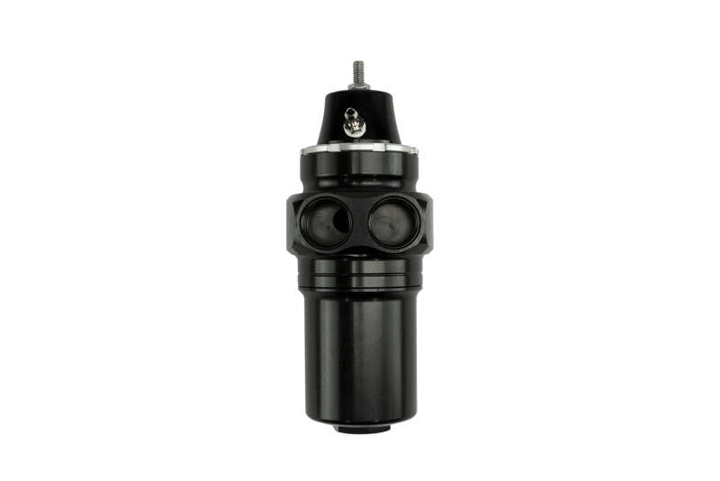Turbosmart FPRF8 fuel pressure regulator and filter in black, designed for automotive fuel systems, shown in close-up.