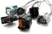 DeatschWerks Nissan side feed fuel injector connectors showing close-up of clips and wiring for secure fuel injector connection.