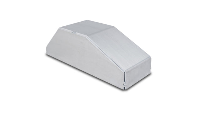 Vibrant forced induction I/C end tank in aluminum, 3.5-inch wide, 9.85-inch long, 3.25-inch tall, with horizontal I/C core.