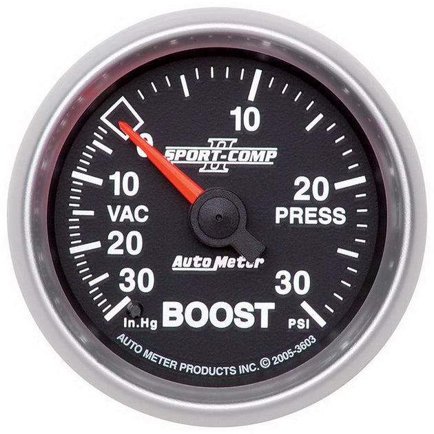 AutoMeter Sport-Comp II 52mm mechanical boost and vacuum gauge displaying 30 PSI with a black face and silver bezel