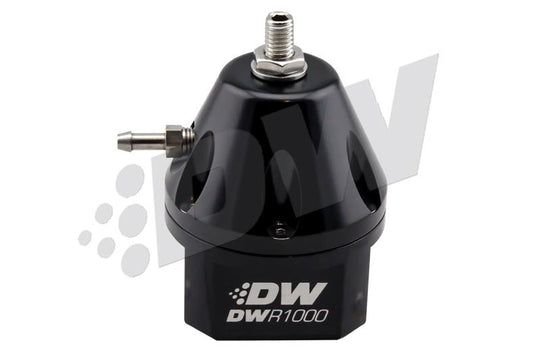 DeatschWerks DWR1000iL black in-line adjustable fuel pressure regulator for automotive engines.