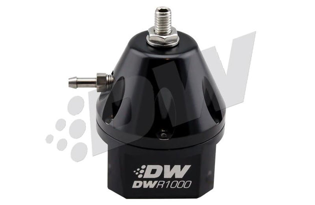 DeatschWerks DWR1000iL black in-line adjustable fuel pressure regulator for automotive engines.