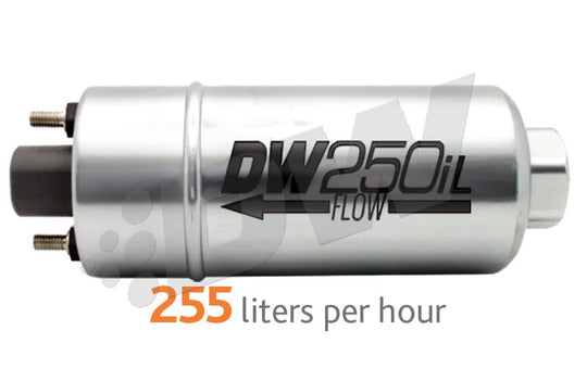 DeatschWerks 250LPH in-line external fuel pump, compact design, metal body, and inlet/outlet ports for automotive fuel systems.