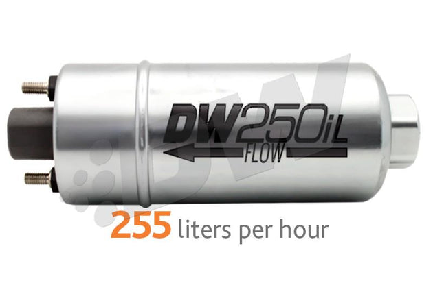 DeatschWerks 250LPH in-line external fuel pump, compact design, metal body, and inlet/outlet ports for automotive fuel systems.