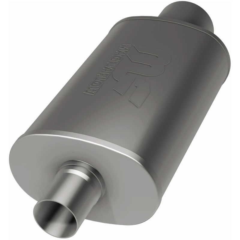 MagnaFlow stainless steel muffler with tip, 14x5x8 inches, featuring dual inlet/outlet, designed for automotive exhaust systems.