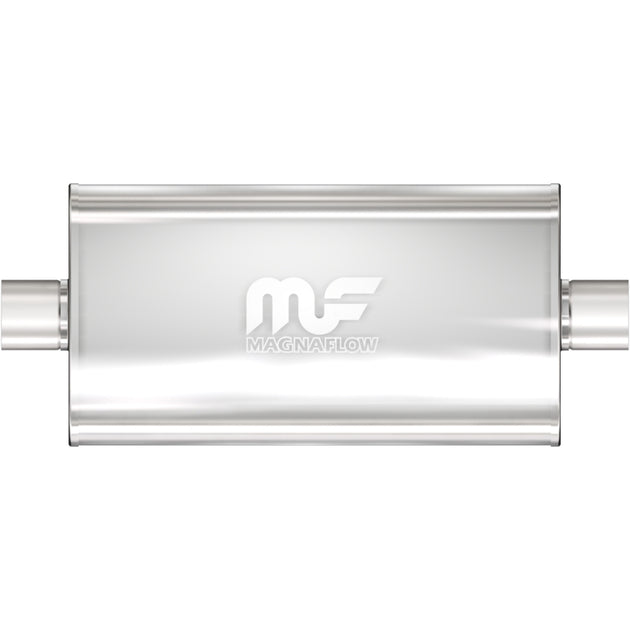 MagnaFlow Mag SS muffler with 22x5x11 inch dimensions and 3-inch center inlet, showing a polished stainless steel finish.