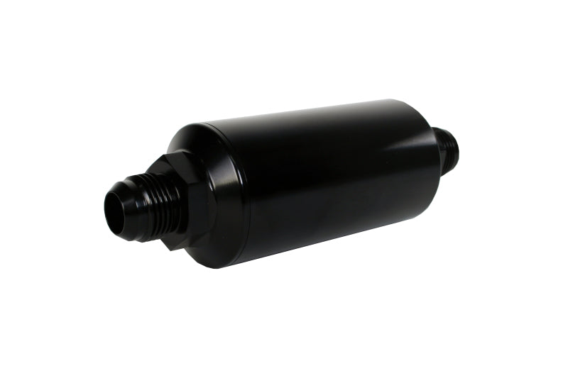 Aeromotive in-line fuel filter with AN-10 fittings, 100 micron stainless steel element, black anodize finish for automotive use.