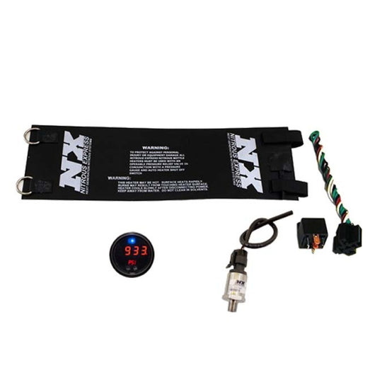Nitrous Express 2-5/16 inch nitrous pressure controller, gauge, and bottle heater kit for nitrous bottle accessories.