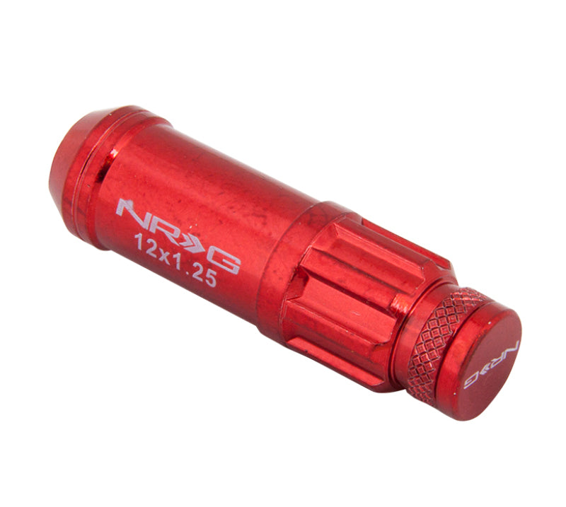 NRG 700 Series M12 x 1.25 steel lug nut set with dust cap covers, locks, and lock socket in red for vehicle wheels.
