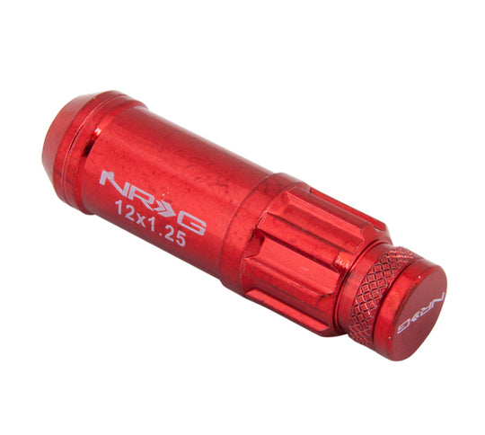NRG 700 Series M12 x 1.25 steel lug nut set with dust cap covers, locks, and lock socket in red for vehicle wheels.