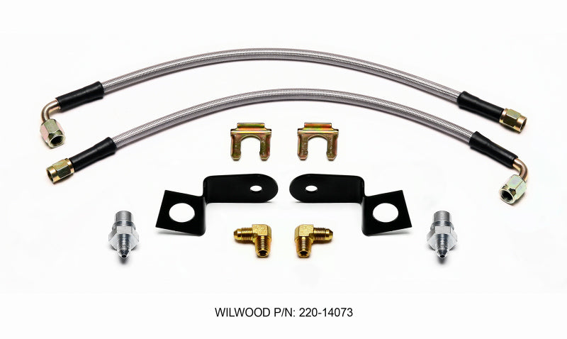 Wilwood brake line kit with 14-inch M10-1.00 90-degree flexline, showing the flexible brake hose and fittings for automotive braking systems.