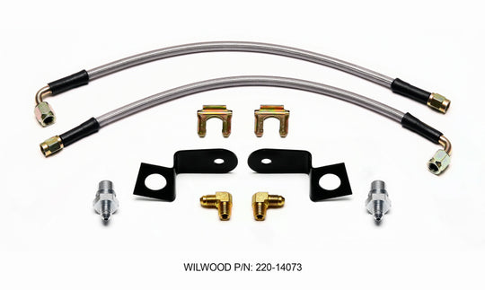 Wilwood brake line kit with 14-inch M10-1.00 90-degree flexline, showing the flexible brake hose and fittings for automotive braking systems.