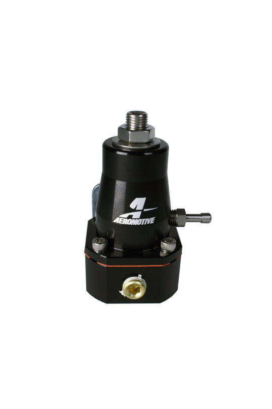 Aeromotive adjustable billet fuel pressure regulator with dual -6 inlets and single -6 return in black finish.