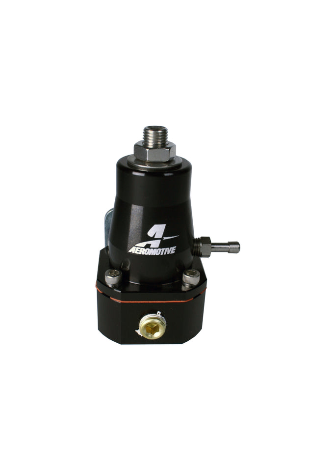 Aeromotive adjustable billet fuel pressure regulator with dual -6 inlets and single -6 return in black finish.