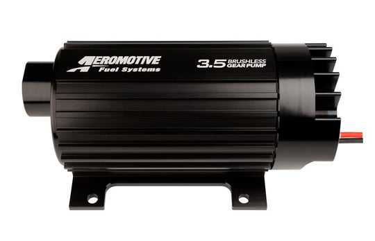 Aeromotive 3.5 Brushless Spur Gear External Fuel Pump, in-line design with 3.5 GPM flow rate, for high-performance fuel systems.