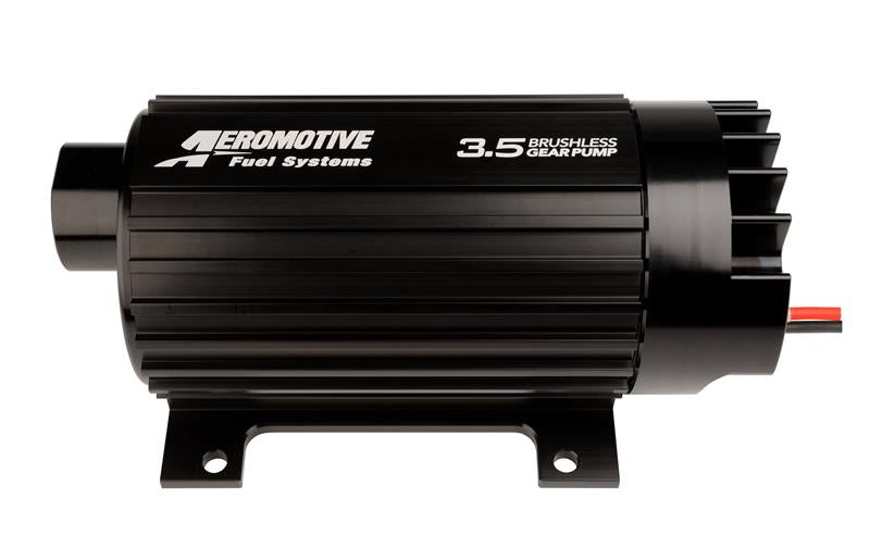 Aeromotive 3.5 Brushless Spur Gear External Fuel Pump, in-line design with 3.5 GPM flow rate, for high-performance fuel systems.