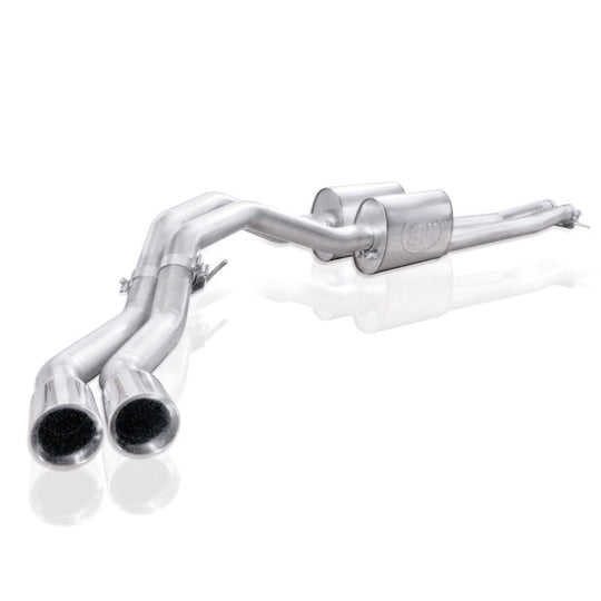 Stainless Works catback exhaust system for Chevy Silverado and GMC Sierra 2007-16 with passenger rear tire exit, stainless steel finish.