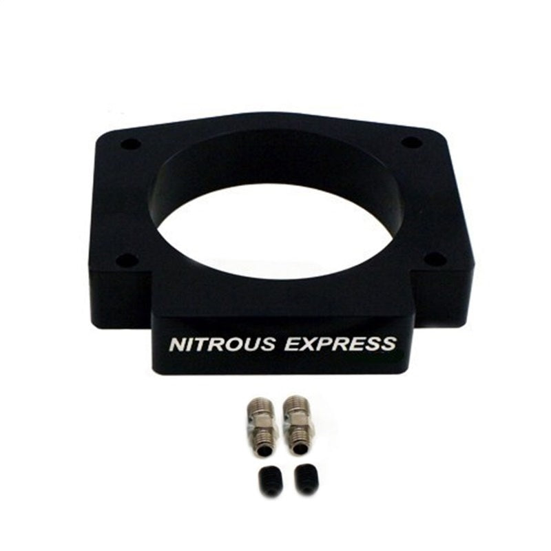 Nitrous Express 102mm 4-bolt LS nitrous plate for enhanced engine performance, shown in close-up with mounting holes visible.