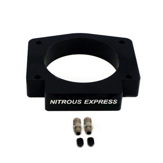 Nitrous Express 102mm 4-bolt LS nitrous plate for enhanced engine performance, shown in close-up with mounting holes visible.