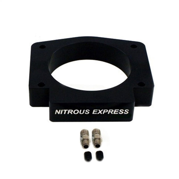 Nitrous Express 102mm 4-bolt LS nitrous plate for enhanced engine performance, shown in close-up with mounting holes visible.
