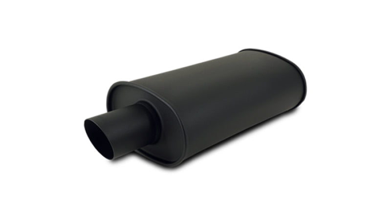 Vibrant StreetPower flat black oval muffler with single 3-inch outlet and 2.25-inch inlet, showcasing sleek exhaust design.
