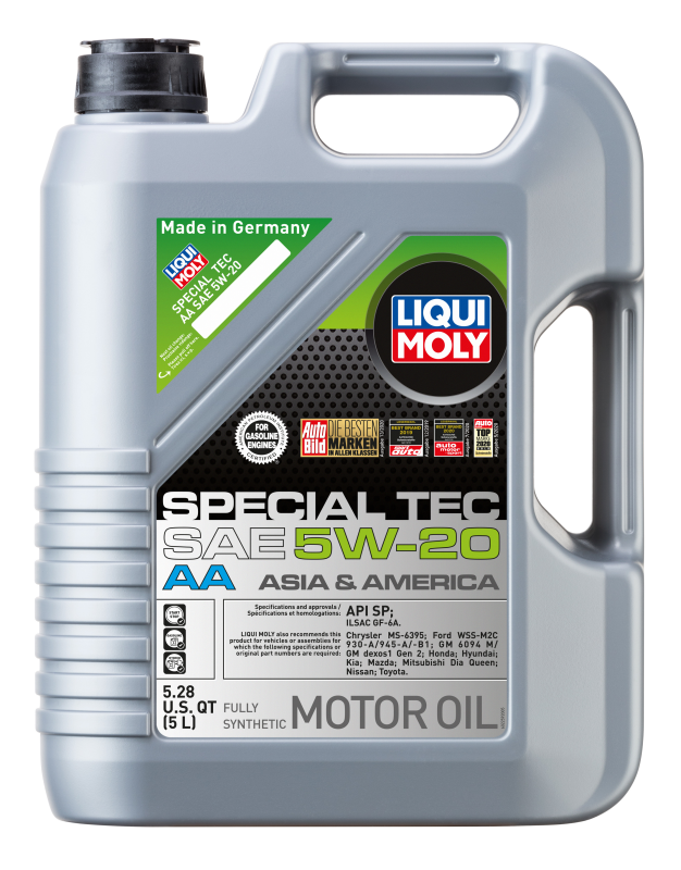 LIQUI MOLY 5L Special Tec AA SAE 5W20 motor oil container, designed for engine lubrication and performance.