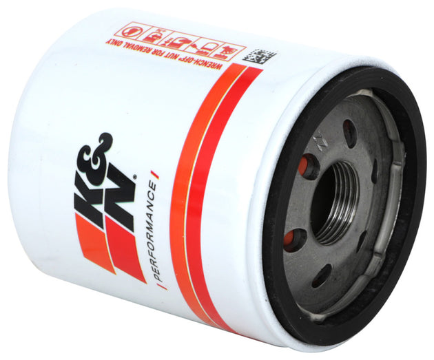 K&N Premium Wrench-Off Oil Filter for engine oil filtration, featuring a metal body and sealing gasket, branded with K&N Engineering logo.