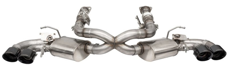 CORSA Performance Corsa 2020-25 Corvette C8 catback exhaust with 3-inch valved system and black quad tips, fits factory performance exhaust.