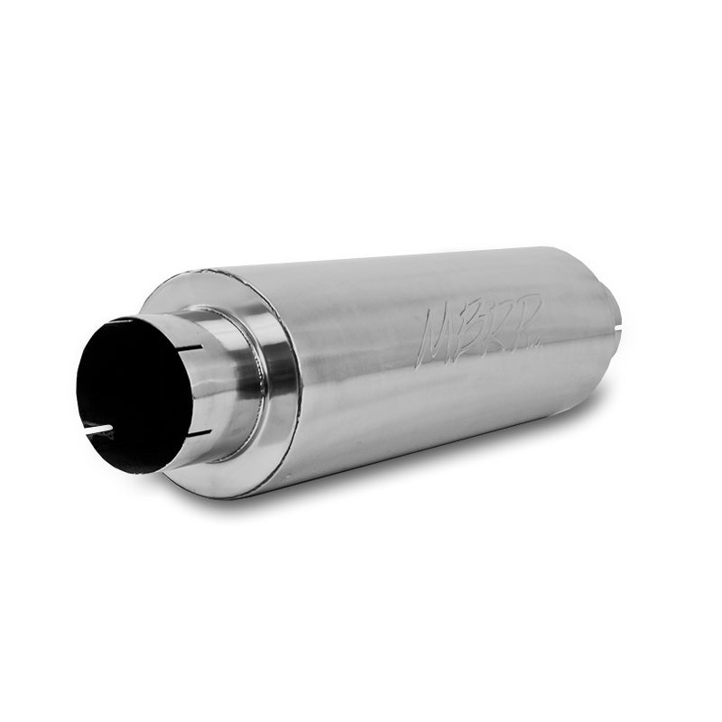 MBRP universal muffler with 5-inch inlet/outlet, 8-inch diameter body, 31-inch overall length, designed for quiet tone exhaust systems.