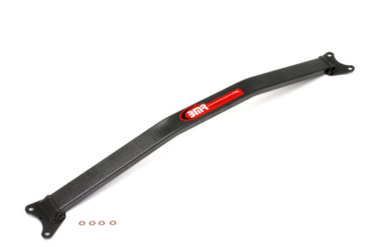BMR Suspension Black Hammertone strut tower brace for 2005-2014 S197 Mustang V8 with plenum cover, enhancing chassis stability.
