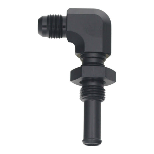 DeatschWerks 6AN male flare to 90-degree 3/8-inch single hose barb fitting in anodized matte black for fuel or oil lines.