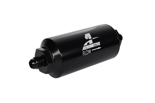 Aeromotive in-line fuel filter with AN-06 male fitting and 100 micron stainless steel element for automotive fuel filtration.