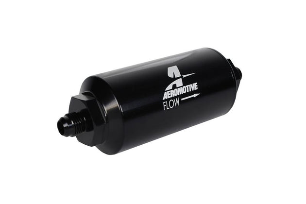 Aeromotive in-line fuel filter with AN-06 male fitting and 100 micron stainless steel element for automotive fuel filtration.