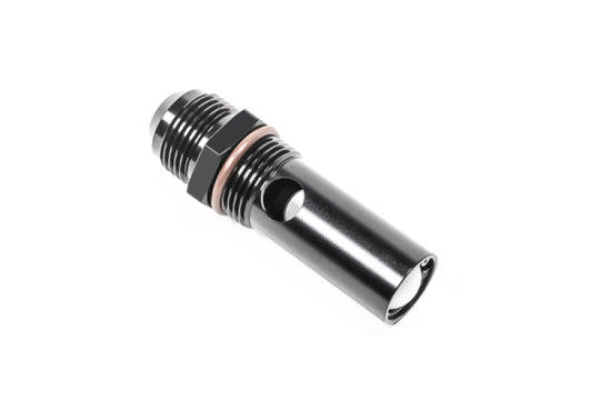 Radium Engineering DSV 12AN ORB to 12AN Male high fill fitting, black anodized aluminum, detailed close-up image.