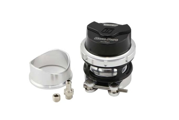 Turbosmart Gen V RacePort black blow off valve installed on a turbocharged engine for enhanced throttle response.