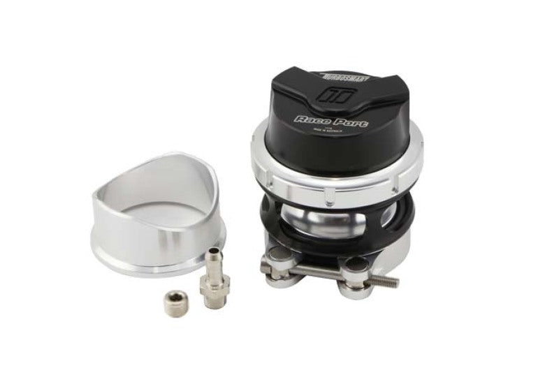 Turbosmart Gen V RacePort black blow off valve installed on a turbocharged engine for enhanced throttle response.
