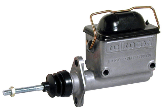 Wilwood high volume aluminum brake master cylinder with 1-inch bore, shown with mounting and brake line connections.