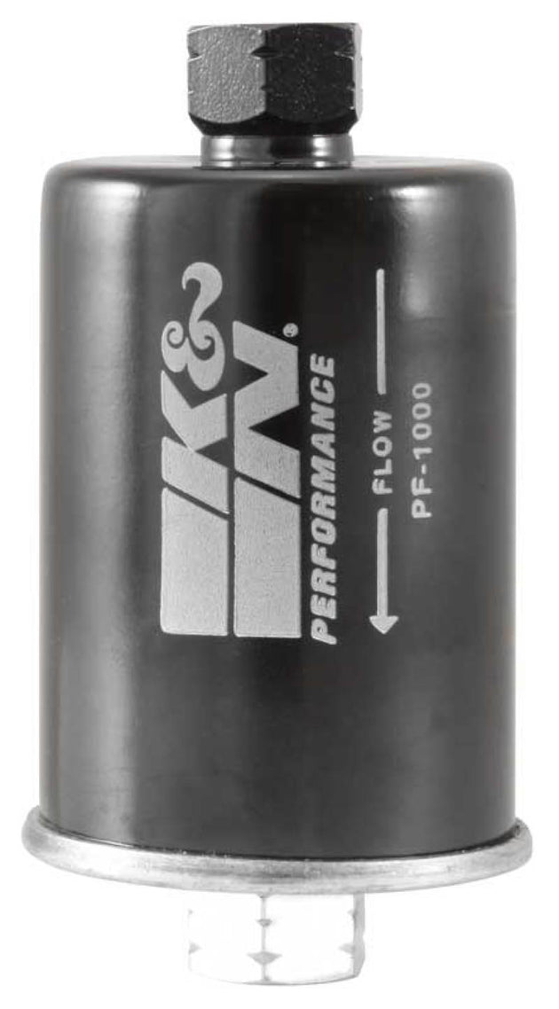 K&N Engineering cellulose media fuel filter with 2.125-inch diameter and 4.281-inch length, showing filter media and metal end caps.