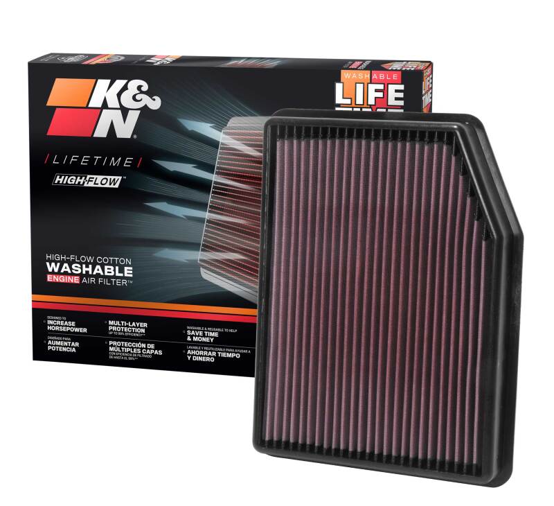 K&N Engineering drop-in air filter for 2019 Chevrolet Silverado 1500 V8 5.3L engine, showing the clean, reusable filter element.