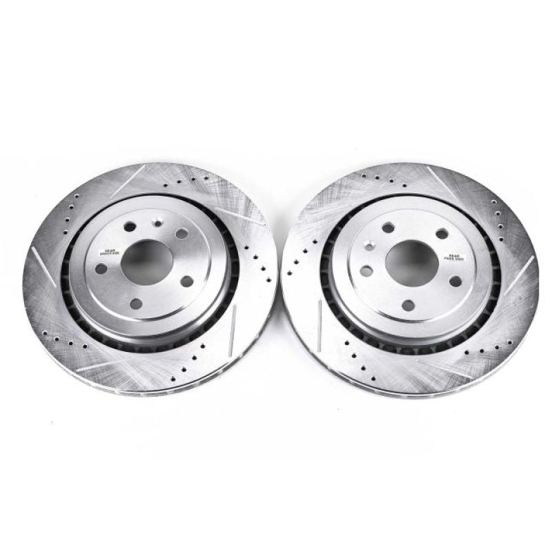 Pair of PowerStop 16-18 Cadillac ATS rear drilled and slotted brake rotors, high-performance brake components with drilled and slotted design.