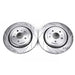 Pair of PowerStop 16-18 Cadillac ATS rear drilled and slotted brake rotors, high-performance brake components with drilled and slotted design.
