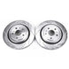 Pair of PowerStop 16-18 Cadillac ATS rear drilled and slotted brake rotors, high-performance brake components with drilled and slotted design.